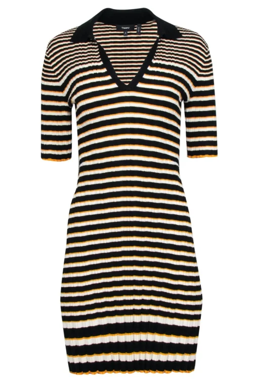 Theory - Black, Yellow, & White Striped Knit Polo Dress Sz S