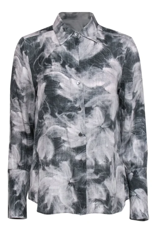 Theory - Grey & White Abstract Floral Print Button-Up Silk Blouse Sz L