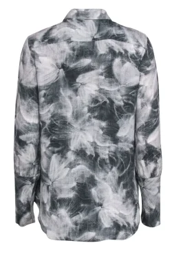 Theory - Grey & White Abstract Floral Print Button-Up Silk Blouse Sz L