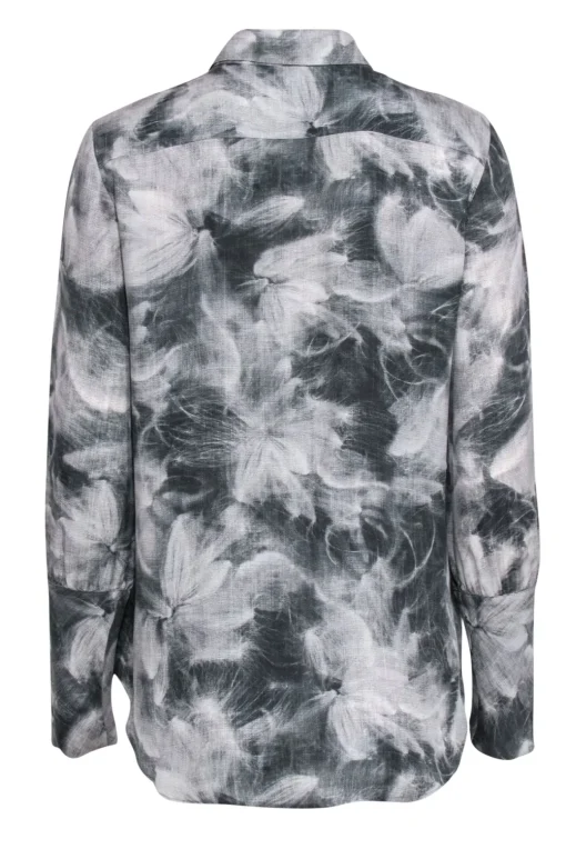 Theory - Grey & White Abstract Floral Print Button-Up Silk Blouse Sz L