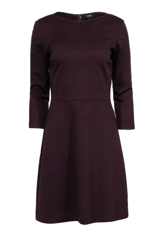 Theory - Maroon & Black Print Three Quarter Sleeve Dress Sz 8