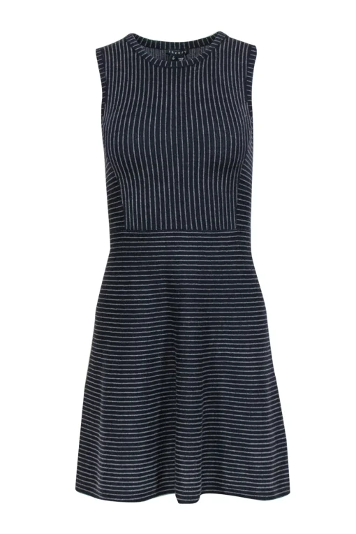 Theory - Navy & Gray Striped A-Line Wool Dress Sz P