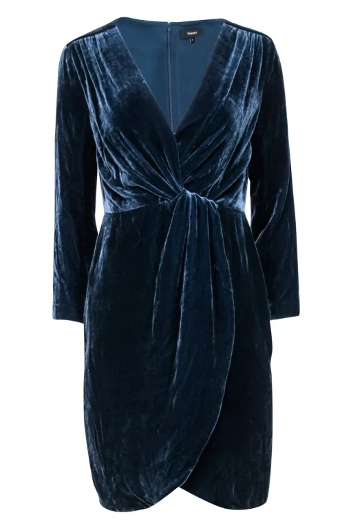 Theory - Teal Velvet Long Sleeve Faux Wrap Mini Dress Sz 6