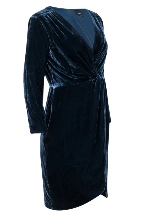 Theory - Teal Velvet Long Sleeve Faux Wrap Mini Dress Sz 6