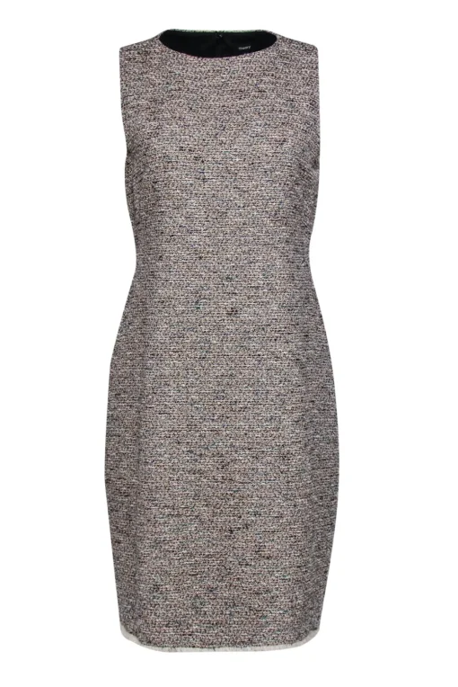 Theory - White & Multicolor Tweed Sleeveless Sheath Dress w/ Frayed Hem Sz 12