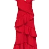 Three Floor - Red Textured Off The Shoulder Tiered Gown Sz 2