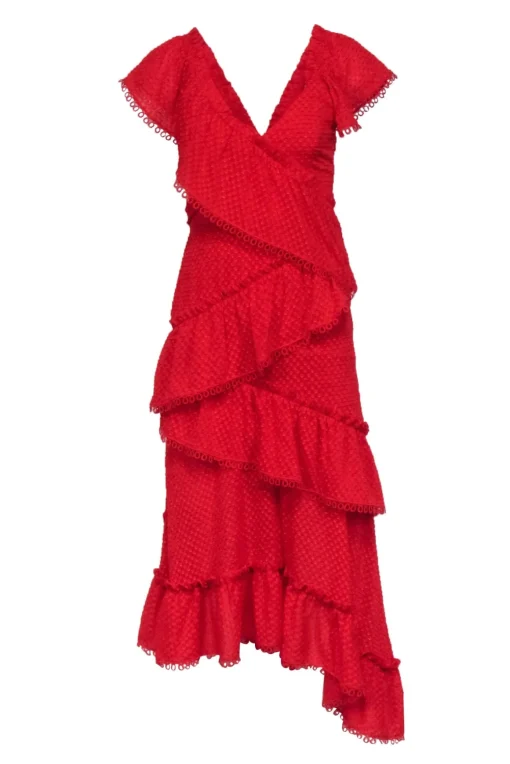 Three Floor - Red Textured Off The Shoulder Tiered Gown Sz 2