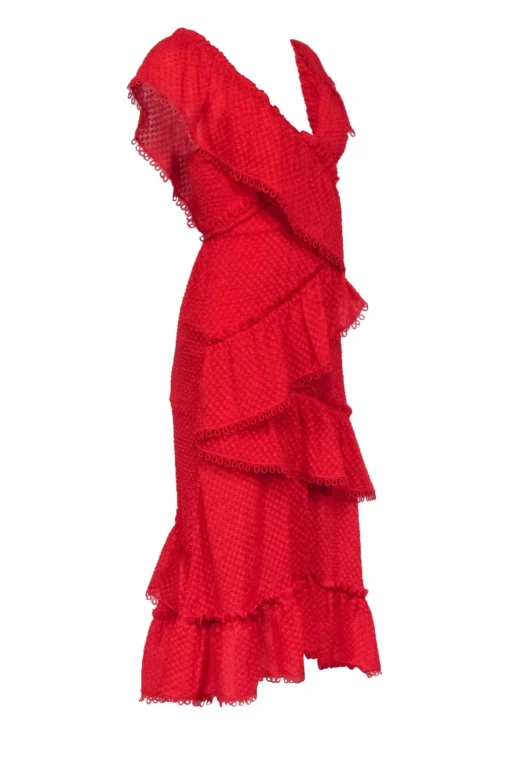 Three Floor - Red Textured Off The Shoulder Tiered Gown Sz 2