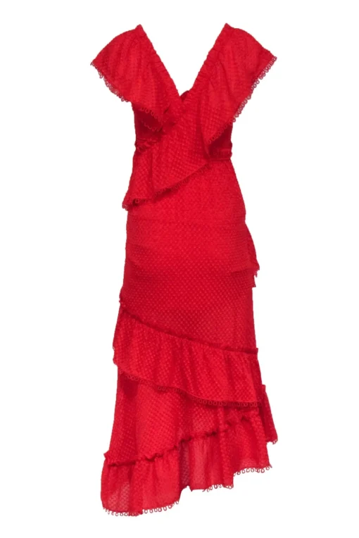 Three Floor - Red Textured Off The Shoulder Tiered Gown Sz 2