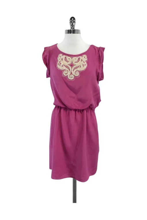 Tibi - Amaranth Pink & White Beaded Silk Short Sleeve Dress Sz 6