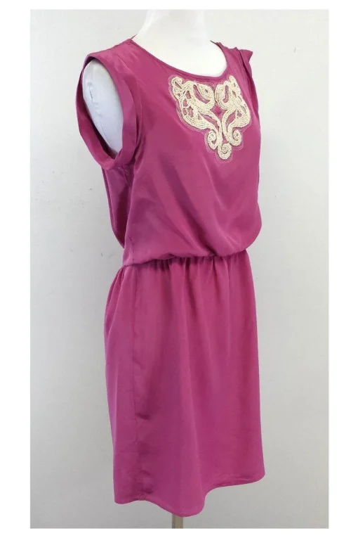 Tibi - Amaranth Pink & White Beaded Silk Short Sleeve Dress Sz 6
