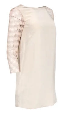 Tibi - Beige Silk Shift Dress w/ Crochet Sleeves Sz 0