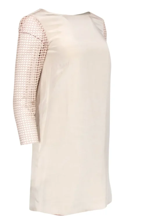 Tibi - Beige Silk Shift Dress w/ Crochet Sleeves Sz 0