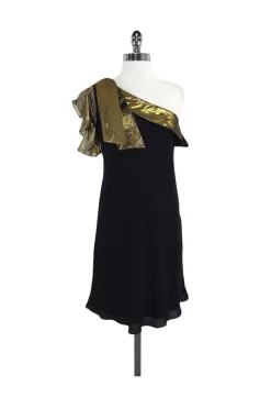Tibi - Black & Gold One Shoulder Silk Dress Sz 2