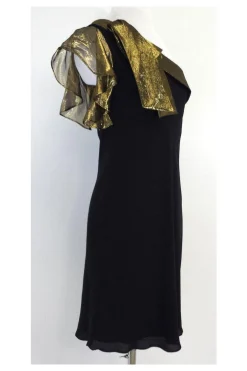 Tibi - Black & Gold One Shoulder Silk Dress Sz 2