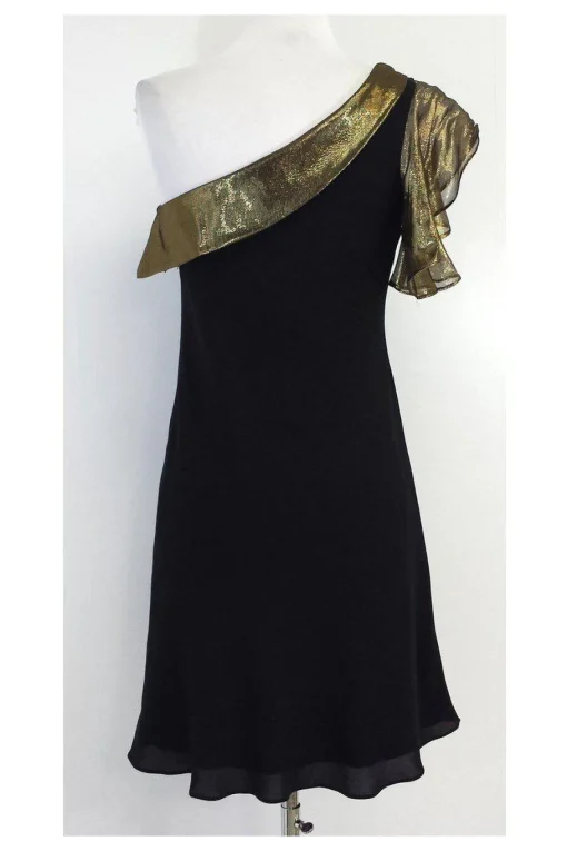 Tibi - Black & Gold One Shoulder Silk Dress Sz 2