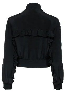 Tibi - Black Zip-Up Silk Bomber Jacket w/ Ruffled Trim Sz XS