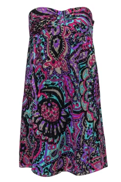 Tibi - Blue & Multicolored Metallic Bohemian Print Strapless Empire Waist Dress Sz 2