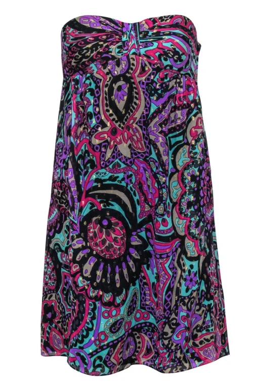 Tibi - Blue & Multicolored Metallic Bohemian Print Strapless Empire Waist Dress Sz 2