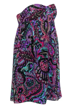 Tibi - Blue & Multicolored Metallic Bohemian Print Strapless Empire Waist Dress Sz 2