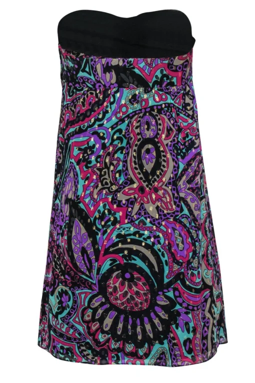 Tibi - Blue & Multicolored Metallic Bohemian Print Strapless Empire Waist Dress Sz 2