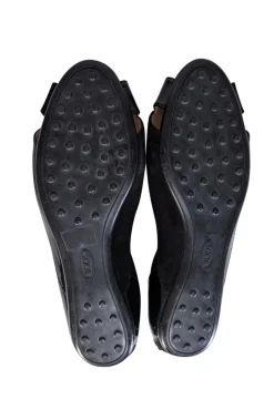 Tod's - Black Suede & Patent Leather Peep Toe Flats Sz 8.5