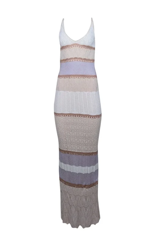 Torn by Ronny Kobo - Cream, White, & Lilac Crochet Knit Maxi Dress Sz M
