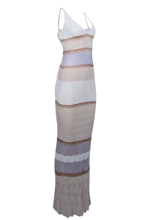 Torn by Ronny Kobo - Cream, White, & Lilac Crochet Knit Maxi Dress Sz M