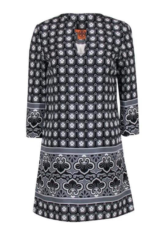 Tory Burch - Black & Gray Patterned Silk Shift Dress Sz 4