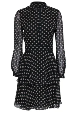 Tory Burch - Black & Tan Fish Printed Ruffled Skirt Dress w/ Sheer Sleeves Sz 8