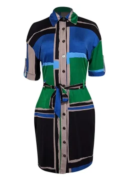 Tory Burch - Black, Blue, Green, & Taupe Color Block Collared Cropped Sleeve Dress Sz XS