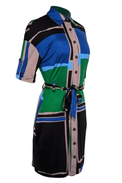 Tory Burch - Black, Blue, Green, & Taupe Color Block Collared Cropped Sleeve Dress Sz XS