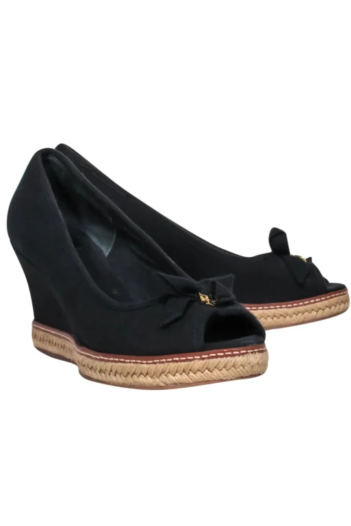 Tory Burch - Black Espadrille Peep Toe Wedges w/ Bow Sz 11