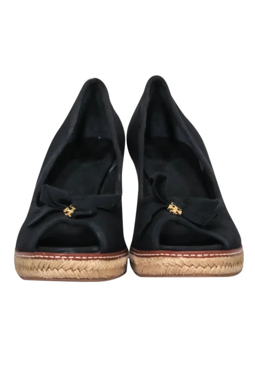 Tory Burch - Black Espadrille Peep Toe Wedges w/ Bow Sz 11