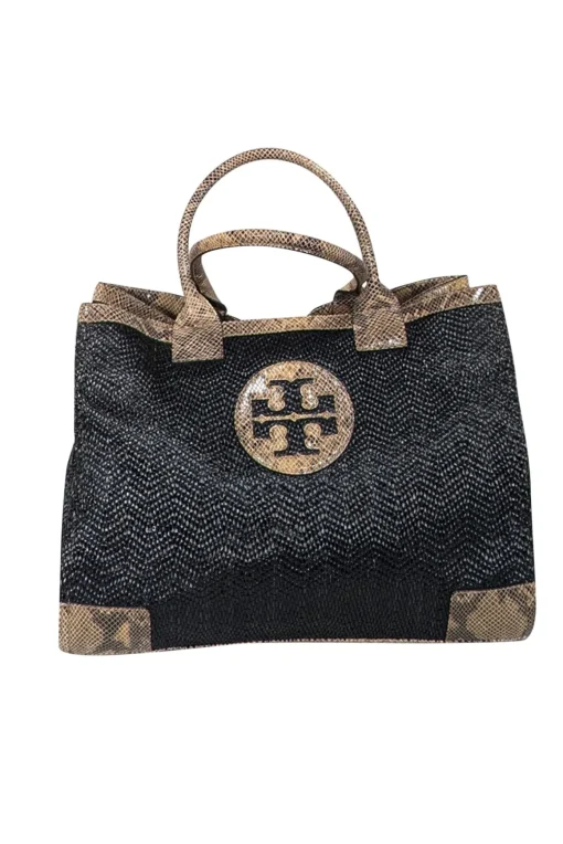 Tory Burch - Black Raffia Tote w/ Beige Snakeskin Embossed Leather Trim