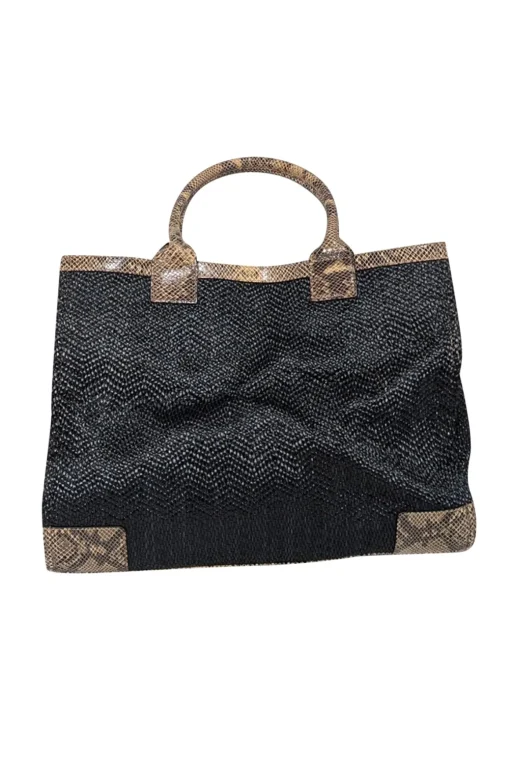 Tory Burch - Black Raffia Tote w/ Beige Snakeskin Embossed Leather Trim