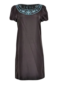 Tory Burch - Black Silk Shift Dress w/ Turquoise Embroidery Sz 4