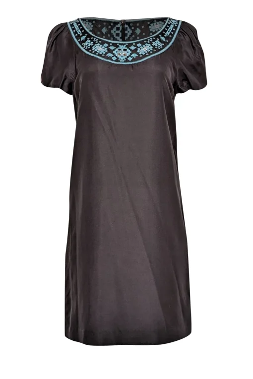 Tory Burch - Black Silk Shift Dress w/ Turquoise Embroidery Sz 4