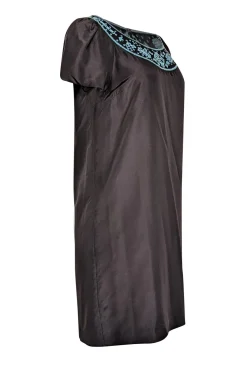 Tory Burch - Black Silk Shift Dress w/ Turquoise Embroidery Sz 4