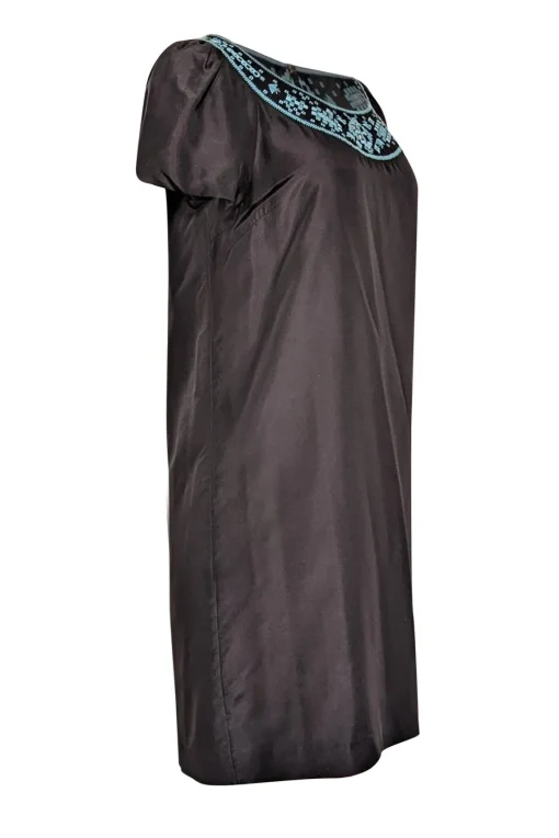 Tory Burch - Black Silk Shift Dress w/ Turquoise Embroidery Sz 4