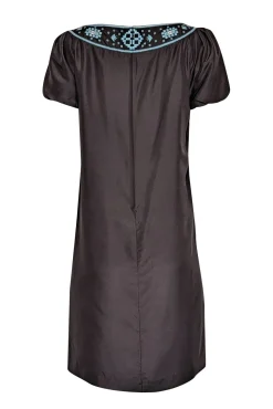 Tory Burch - Black Silk Shift Dress w/ Turquoise Embroidery Sz 4