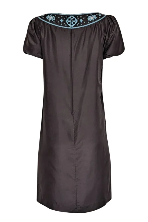 Tory Burch - Black Silk Shift Dress w/ Turquoise Embroidery Sz 4