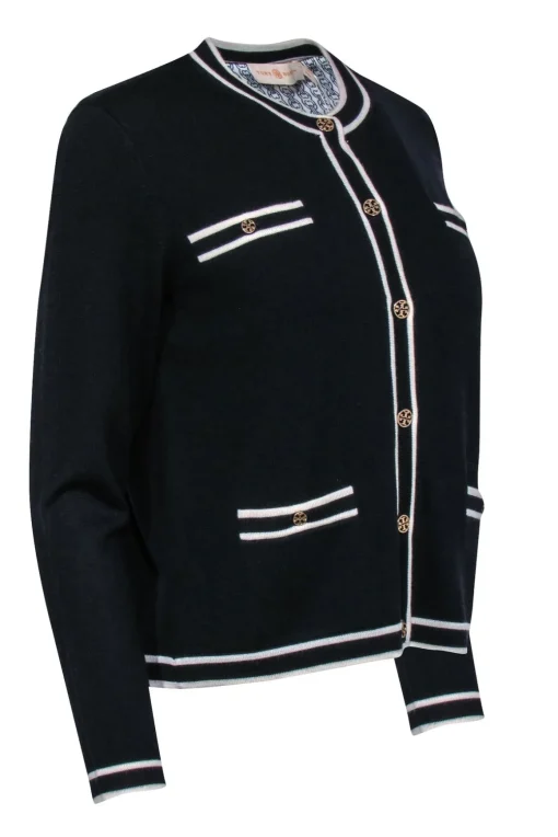 Tory Burch - Black w/ White Trimmed Merino Wool Long Sleeve Cardigan w/ Gold-Toned Logo Buttons Sz M