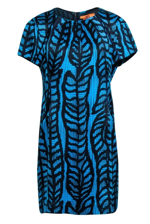 Tory Burch - Blue & Black Print Short Sleeve Silk Dress Sz 10