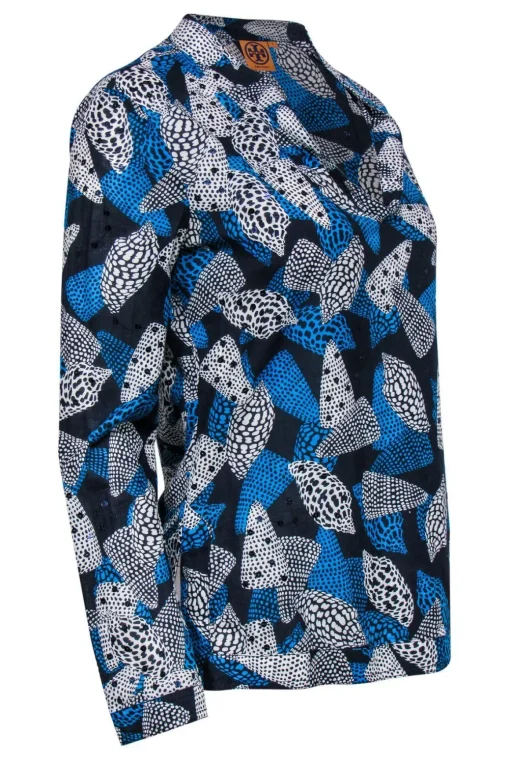 Tory Burch - Blue Cotton Seashell Print Sequined Top Sz 4