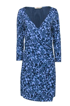 Tory Burch – Blue Floral Print Faux Wraparound Dress Sz S
