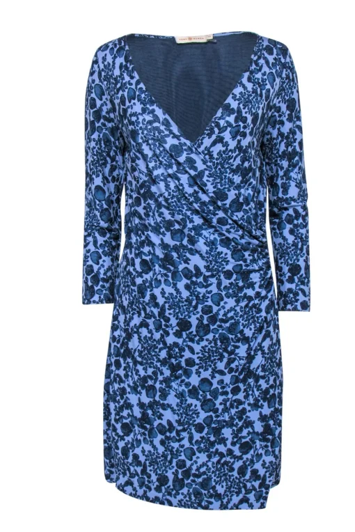 Tory Burch – Blue Floral Print Faux Wraparound Dress Sz S