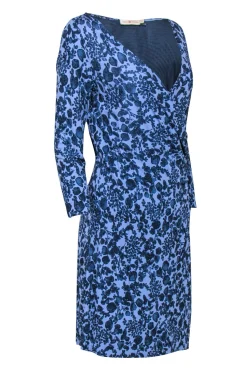 Tory Burch – Blue Floral Print Faux Wraparound Dress Sz S