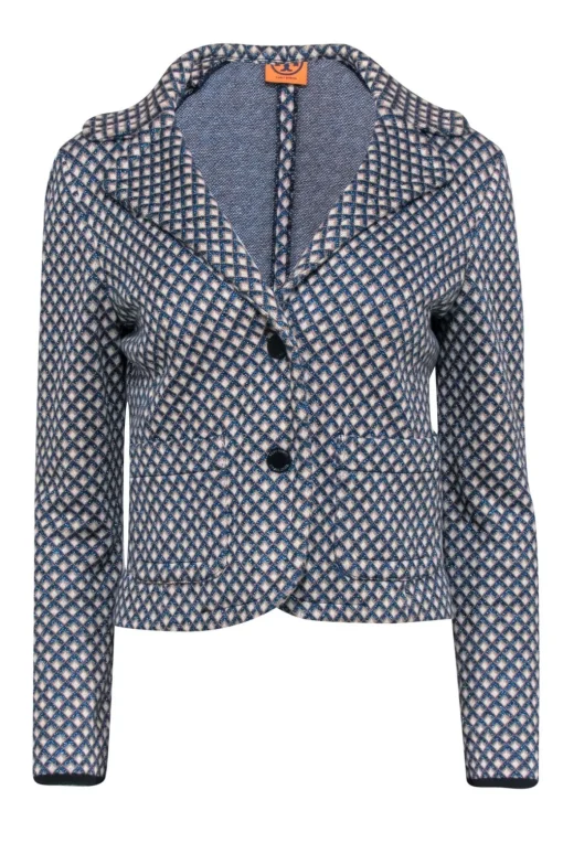 Tory Burch - Blue Metallic and Beige Diamond Print Knit Blazer Sz S