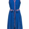 Tory Burch - Blue Sleeveless Belted Midi Dress w/ Embroidered Trim Sz 10